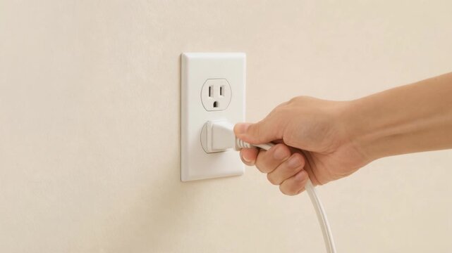 Hand plugging in a white electrical cord into a wall outlet for power connection