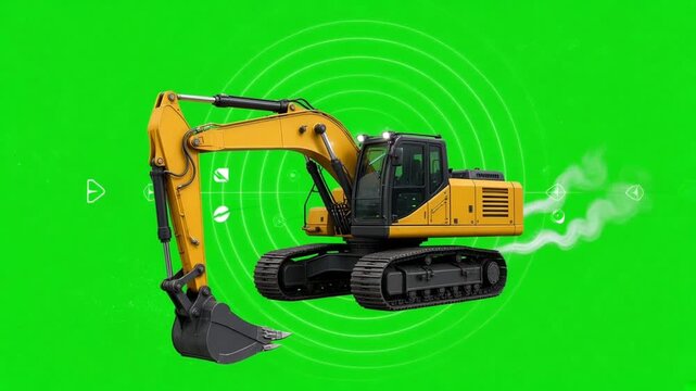 Animated 3D heavy construction excavator digger crawler machine on green screen