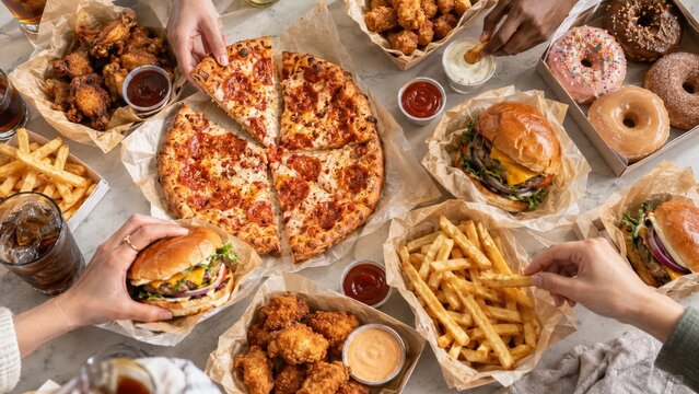 Overhead fast food spread with pizza burgers fries donuts and sauces