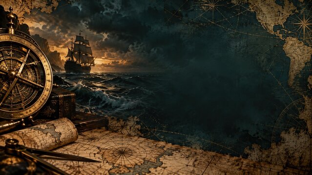 Dark dramatic background with sailing ship in stormy sea, antique compass, ancient maps and scroll on worn table,  copy space for text, concept of adventure, travel and maritime discovery
