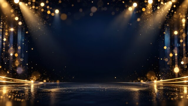 Dark blue stage background with golden spotlight beams, sparkling bokeh, golden dust and glossy reflective floor, empty copy space in the center, concept of festive ceremony, awards and luxury