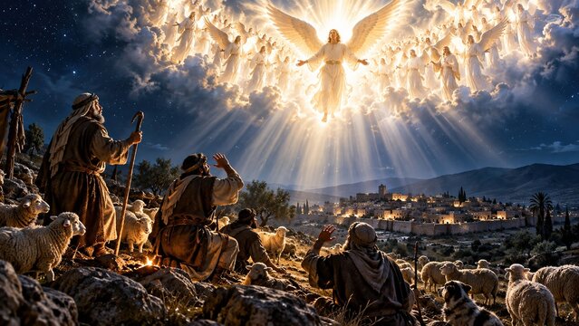 Christmas biblical scene: an angel with outstretched wings and the heavenly host appear in radiant light above shepherds with sheep on a night hill near the ancient city of Bethlehem