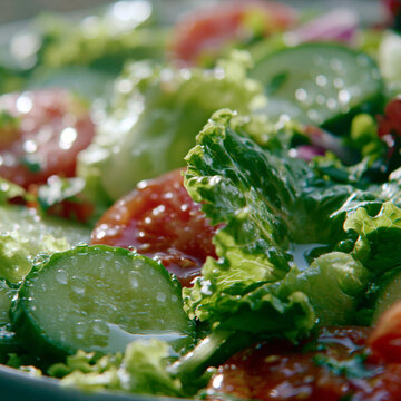 Close up view of fresh garden salad with cucumber slices and juicy tomato pieces