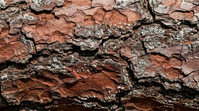 Close-up view of rough brown and dark grey pine tree bark texture with natural patterns and cracks, showcasing organic detail