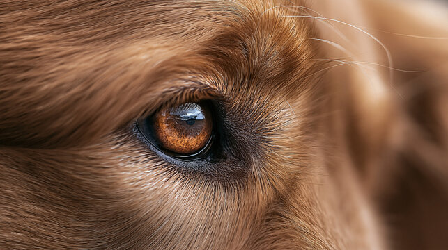 Extreme close up of a golden retriever eye with detailed fur texture