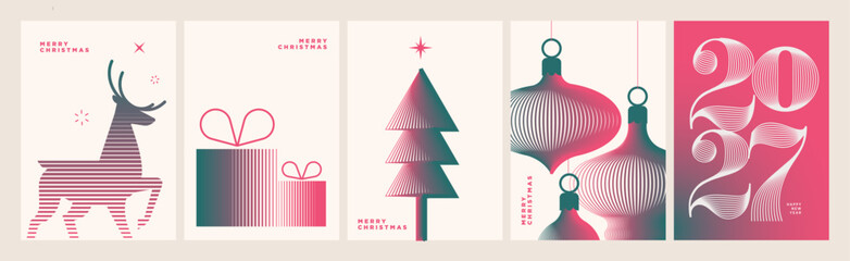Fototapeta na wymiar Merry Christmas and Happy New Year. Set of vector illustrations for holiday greeting card, poster, cover, website and social media banner, marketing material.