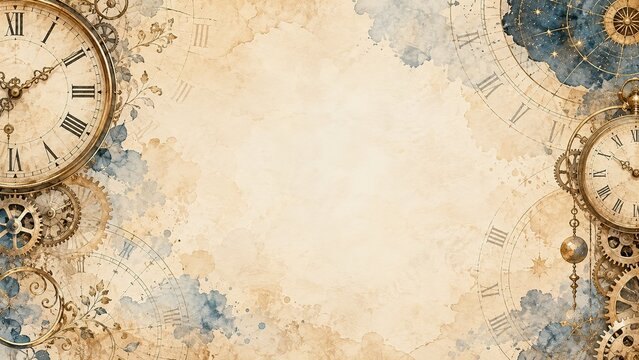 Vintage steampunk style background with antique clocks, gears, a pocket watch, blue watercolor stains and an aged paper texture with empty copy space for text