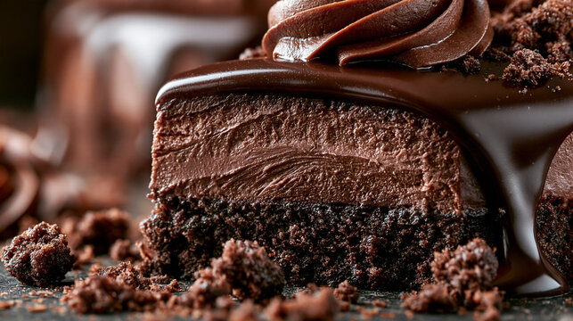 Decadent slice of dark chocolate cake topped with creamy frosting and rich ganache layers