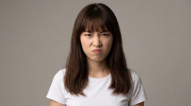 Young Asian woman with a displeased and angry expression, pouting her lips and furrowing her brows, looking directly at the camera with a neutral background.