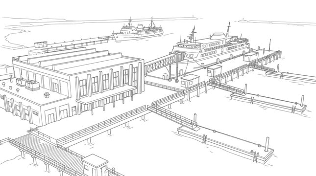 Ferry terminal outline drawing depicts a bustling port with multiple piers, a main terminal building, and ferries docked, illustrating the infrastructure for maritime transportation and passenger.