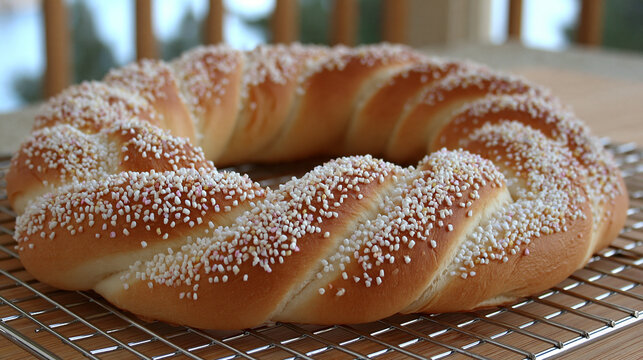Traditional braided bread ring sprinkled with sugar crystals on cooling rack