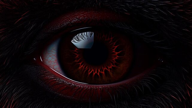 Extreme macro photorealistic footage of an anoa's eye featuring a deep mahogany-brown iris
