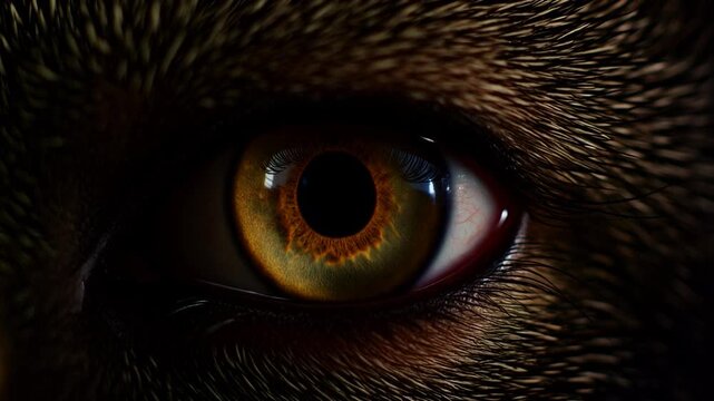 Extreme macro photorealistic footage of a wild anoa's eye with a subtle golden-brown iris, d
