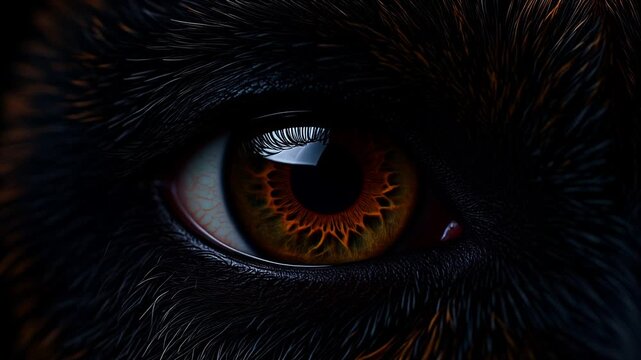 Extreme macro photorealistic footage of an anoa's eye with a rich warm-brown iris, fine radi

