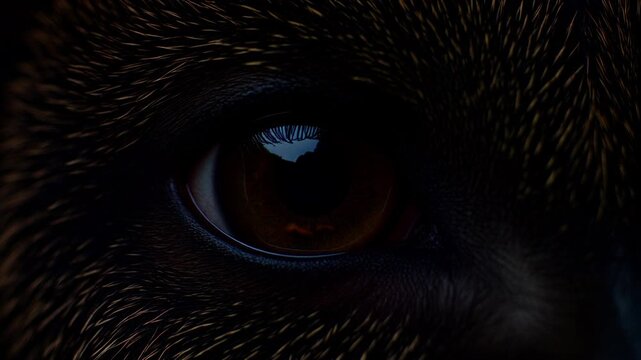 Extreme macro photorealistic footage of a wild anoa's eye, featuring a natural dark-amber iris
