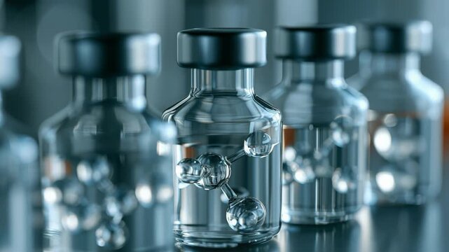 Transparent peptide molecules in clear vials. These molecules represent a biotechnology approach for skincare to combat aging. The setting highlights innovation in skincare.