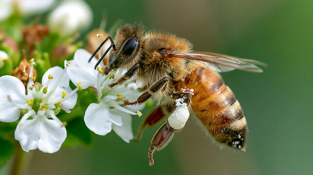 Honey bee pollinating a white flower in a garden with pollinator pollination wildlife