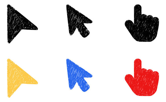Colorful crayon textured mouse cursor arrows and pointing hand symbols in black, yellow, blue, and red for user interface design, web navigation, and digital interaction.