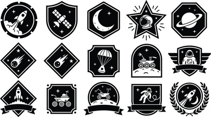 Space exploration mission badges and astronaut patches black silhouettes vector icons collection set isolated on white  © MstMonjila