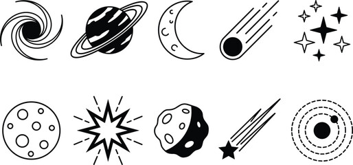 Astronomy and outer space elements planets and stars black silhouettes icons collection set isolated on white  © MstMonjila