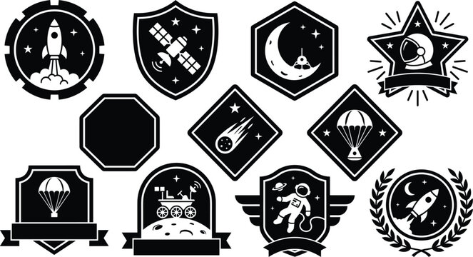 Space exploration mission labels and vintage astronaut patches black silhouettes vector collection set isolated on white
