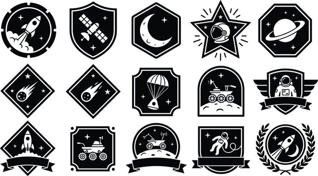 Space exploration mission badges and astronaut patches black silhouettes vector icons collection set isolated on white
