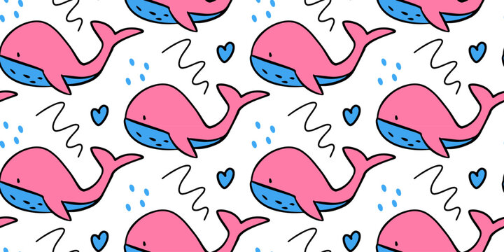 Pattern seamless cute ocean doodle illustration with adorable pink whales blue hearts and playful water splashes on white background for nursery textiles
