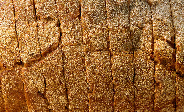 close up whole grain buckwheat bread . whole grain yeast-free buckwheat bread with flax seeds close up. Background of buckwheat bread .