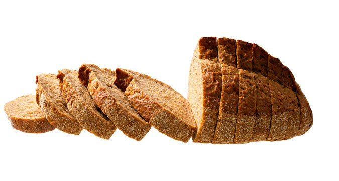 Sliced whole grain yeast-free buckwheat bread with flax seeds, isolated on white background.