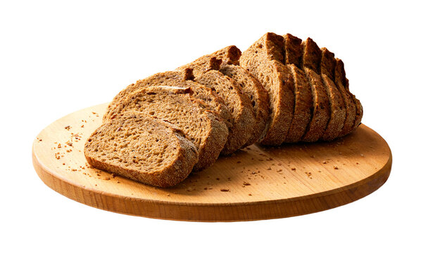pieces whole grain yeast-free buckwheat bread with flax seeds on cutting board , isolated on white background.