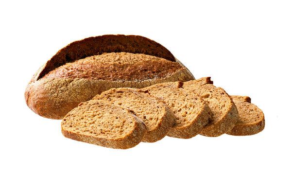 pieces whole grain yeast-free buckwheat bread with flax seeds and a whole loaf of bread, isolated on white background.