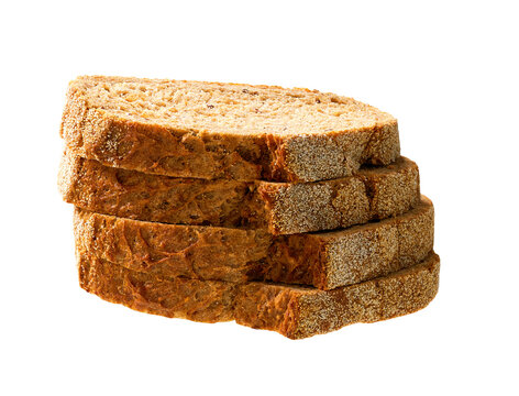 stacked pieces whole grain yeast-free buckwheat bread with flax seeds, isolated on white background.