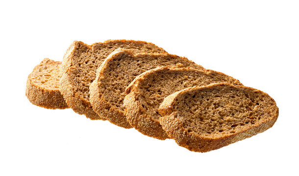 Pieces whole grain buckwheat bread with flax seeds, isolated on white background.