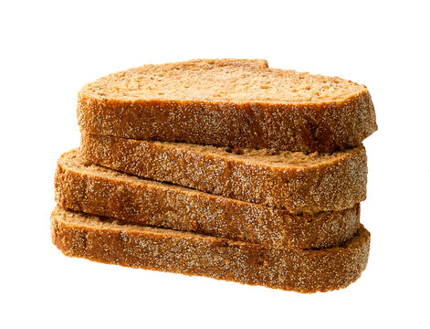 stacked pieces whole grain yeast-free buckwheat bread with flax seeds, isolated on white background.