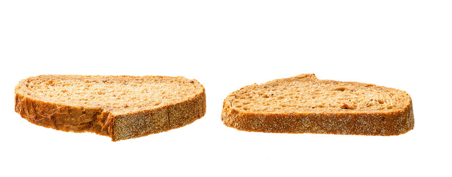 pieces whole grain yeast-free buckwheat bread with flax seeds, isolated on white background .