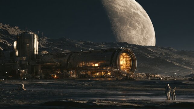 A futuristic habitat on the moon during the lunar night, featuring a nuclear power unit providing light and energy to the sealed base.