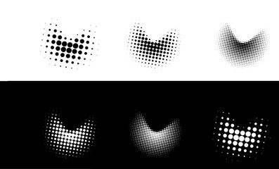 Set of halftone dot patterns in a crescent or boomerang shape, abstract geometric design elements for graphic design and print textures © Depends_F