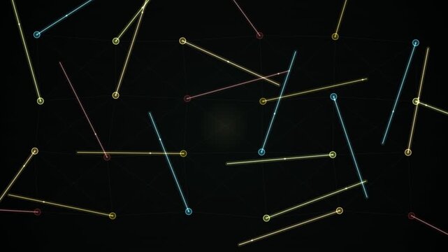 Colored points connected by various lines form a looping abstract network pattern on a dark black background.