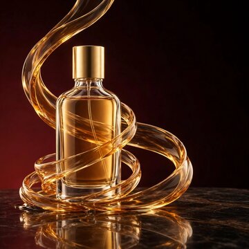 Luxury perfume glass bottle with golden liquid surrounded by an elegant swirling amber liquid wave on a dark surface, symbolizing beauty, elegance, and premium fragrance.