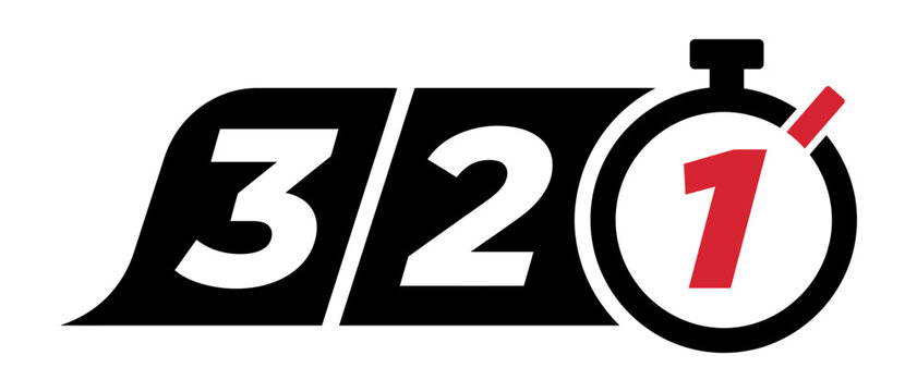 Countdown timer badge with numbers three two and one for racing event sport graphic and stopwatch symbol competition motorsport champion
