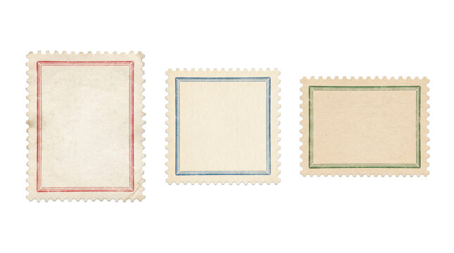 Three vintage postage stamp frames with serrated edges, featuring red, blue, and green rectangular borders on a textured off-white background