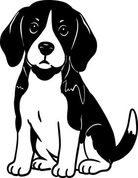 Cute beagle puppy sitting front view with floppy ears, happy dog lover black and white vector line art illustration