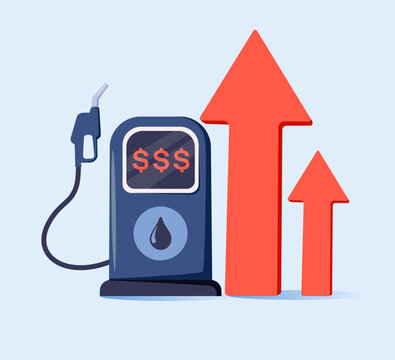 Vector illustration of a gas pump with a dollar symbol and rising red arrow, representing increasing fuel costs gasoline