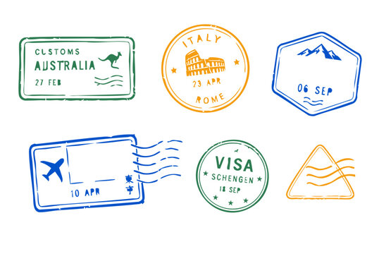 Collection of vintage travel stamps, passport markings, and visa seals featuring retro designs for international travel