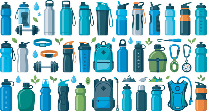 Comprehensive vector collection of sports hydration icons including reusable water bottles metal flasks shaker cups hiking backpacks and fitness gear isolated on white background