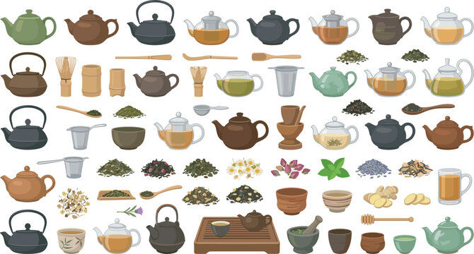 Large vector collection of tea icons featuring various ceramic teapots glass kettles loose herbal ingredients matcha ceremony tools cups and bowls isolated on white background