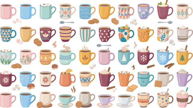 Large vector collection of cozy winter mugs filled with hot cocoa coffee and tea featuring festive patterns snowflakes cinnamon sticks and cookies isolated on white background