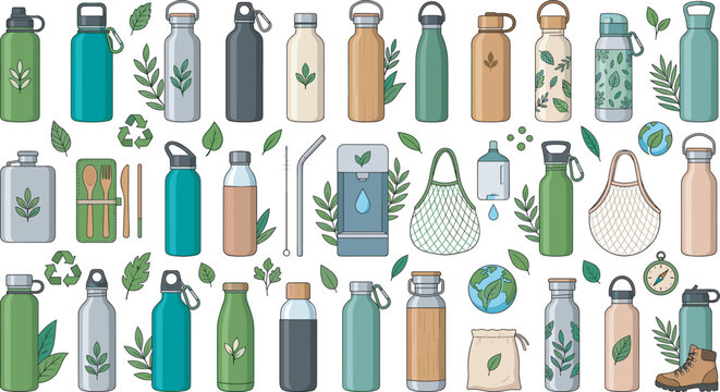 Comprehensive vector collection of eco friendly icons including reusable water bottles metal flasks net bags bamboo utensils and green sustainability symbols isolated on white background