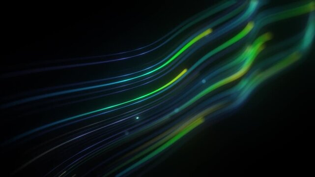 Green yellow and blue fiber optic lines sweep diagonally across black. Glowing light trails bend in smooth curve with soft bokeh dots. Fast data flow. Green neon laser show, space energy loop.