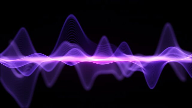Violet audio waveform with a pink glowing center on a black background. Abstract music visualizer with soft blurred waves. Neon sound background for songs, radio shows and voice apps. 4K looped video.